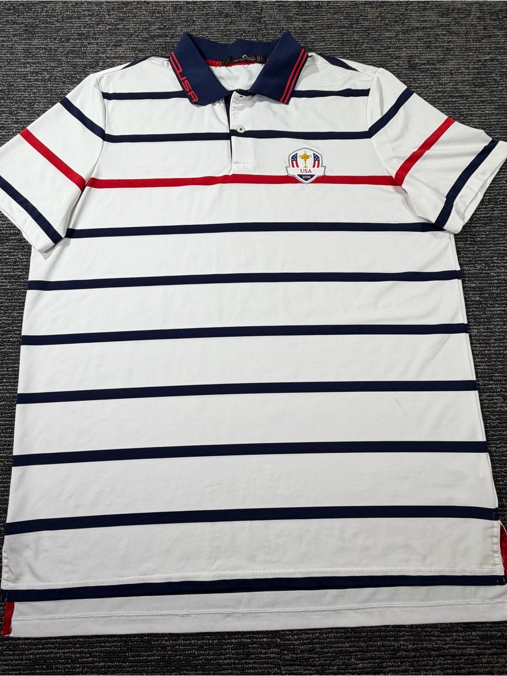 RLX Ralph Lauren White Polo with Navy Stripes and Red Accents